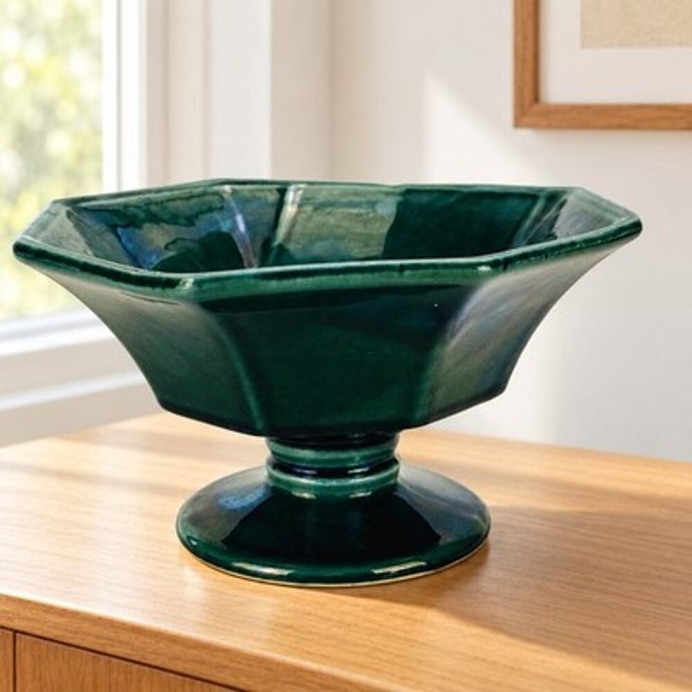 Vintage Hull Pottery 425 USA Green Drip Glaze Pedestal Planter Bowl 8”